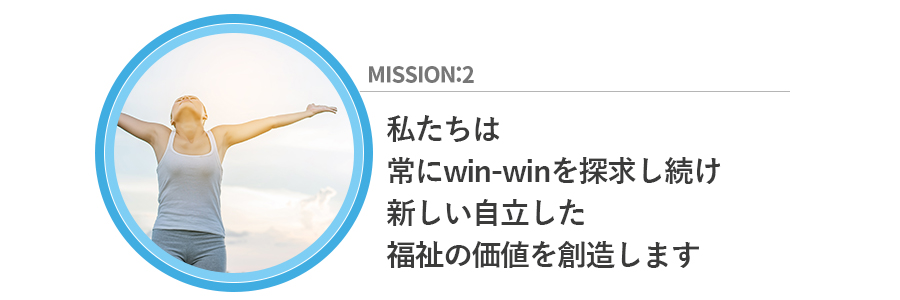 ミッション2　私たちは常にwin-winを探求し続け、新しい自立した福祉の価値を創造します